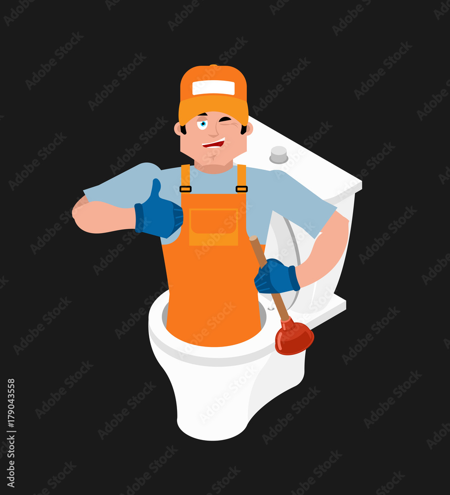 Plumber and toilet. Cleaning and maintenance of pan WC. Vector illustration