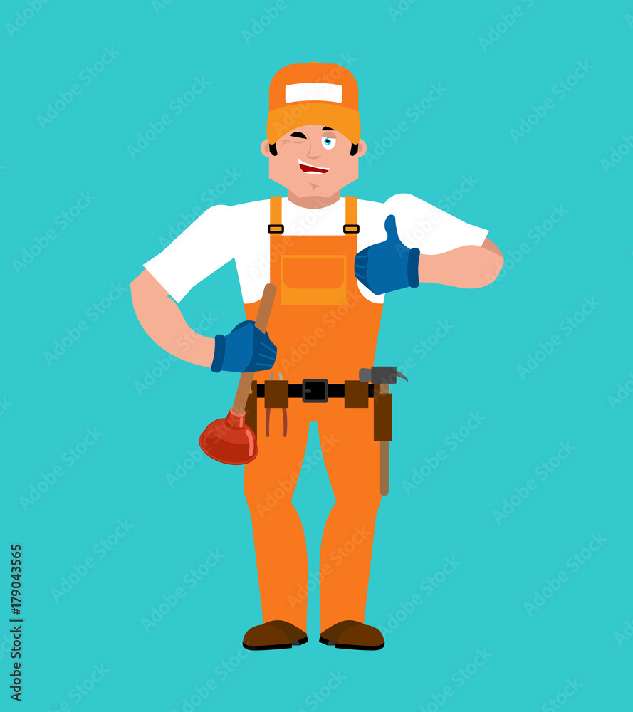 Plumber thumbs up. Fitter winks emoji. Service worker Serviceman cheerful. Vector illustration