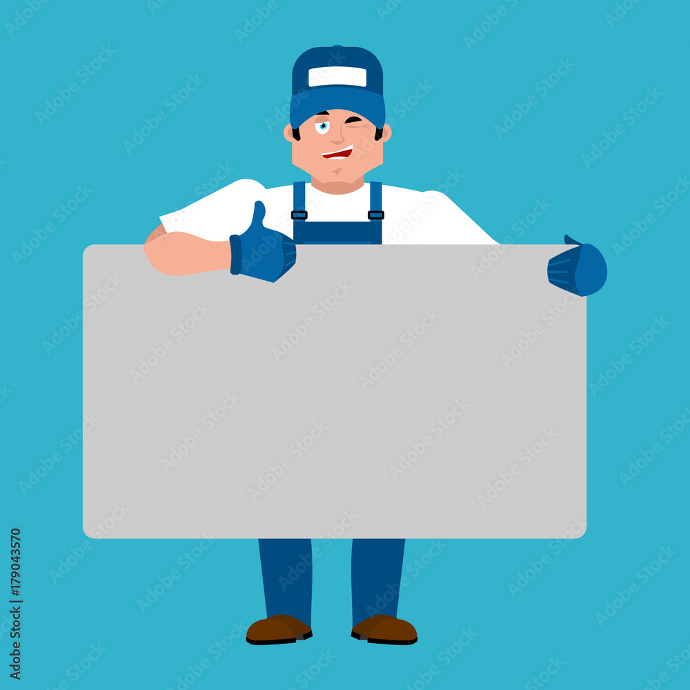 Plumber holding banner blank. Fitter and white blank. Serviceman joyful emotion. place for text. Vector illustration Plumber holding banner blank. Fitter and white blank. Serviceman joyful emotion. place for text. Vector illustration