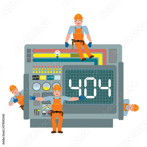 Error 404. Site is on maintenance. Service team is repairing page. System production failure. fault Factory. Page lost and found message. problem disconnect