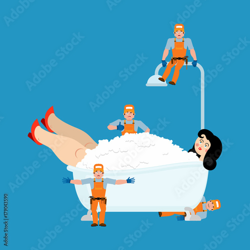 Plumber and bath and girl. Repair and maintenance of bathrooms. Vector illustration