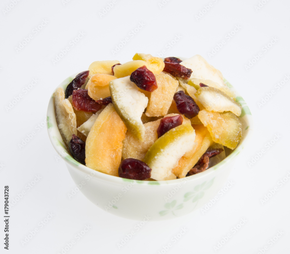 Dried fruits or assorted preserved fruits on background.