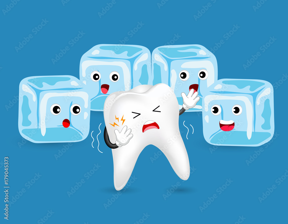 Cartoon unhealthy tooth character with ice. Sensitive Teeth To Cold. Dental  care concept, illustration isolated on blue background. Stock Vector |  Adobe Stock