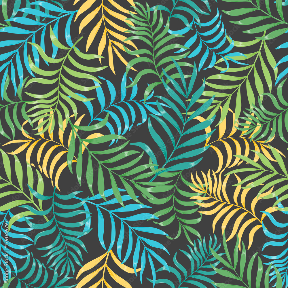 Tropical background with palm leaves. Seamless floral pattern Tropical background with palm leaves. Seamless floral pattern