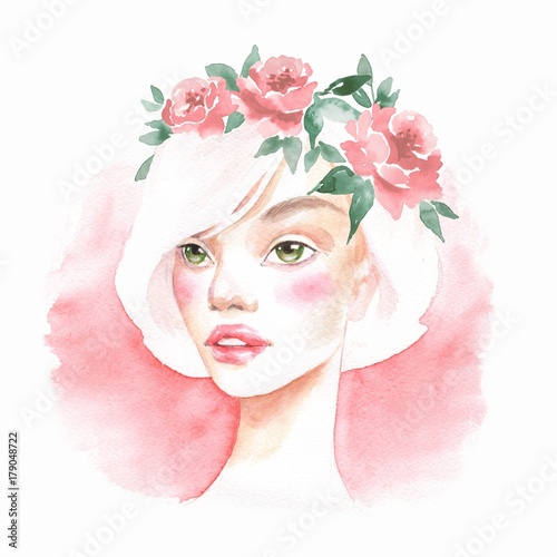 Beautiful girl in wreath. Watercolor portrait. Female face