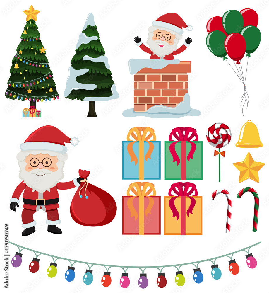 Fototapeta premium Santa and christmas elements on white background