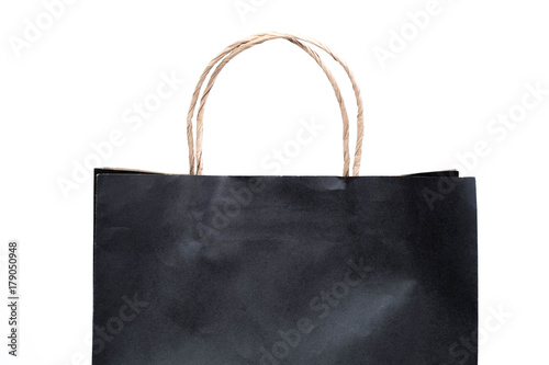 Black paper bag with handles on a white background