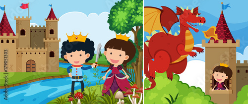 Two fairytale scenes with princess in the tower