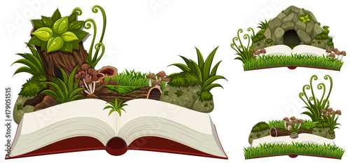 Three books of nature with cave and plants