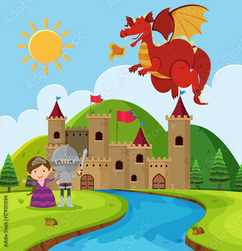 Scene with dragon and knight in fairyland