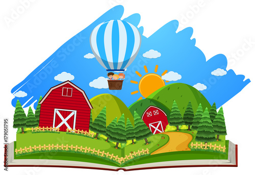 Farm scene with barns and balloon in the book