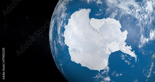 Antarctica, South Pole, in planet Earth in rotation, aerial view from outer space