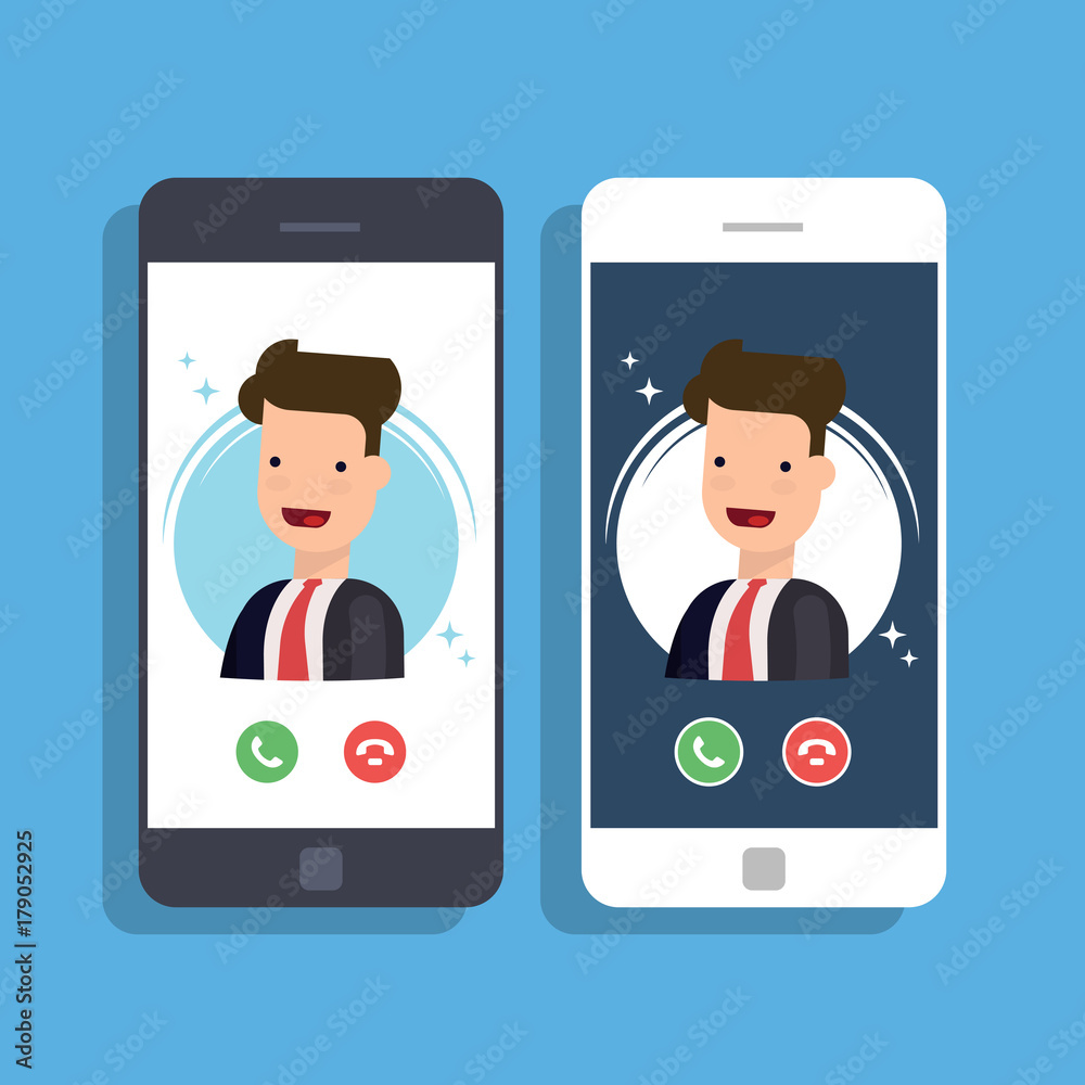 Incoming call on mobile phone. Businessman or manager calls on the smartphone. Accept or reject an incoming call. Vector flat illustration. Incoming call on mobile phone. Businessman or manager calls on the smartphone. Accept or reject an incoming call. Vector flat illustration.
