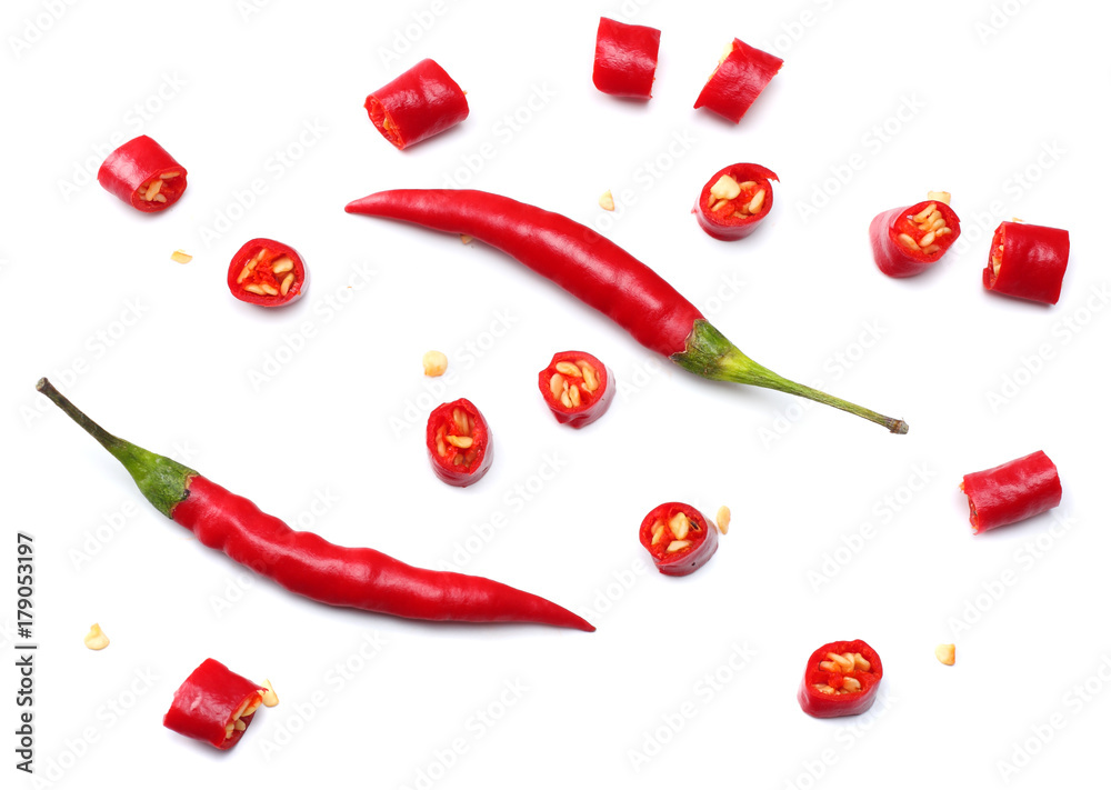 sliced red hot chili peppers isolated on white background top view - obrazy, fototapety, plakaty 