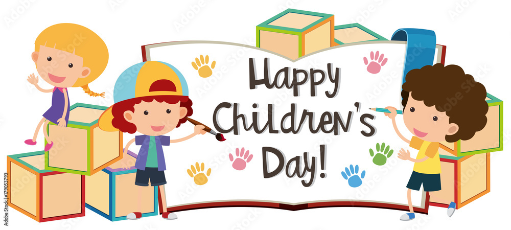 Happy children's day with kids and blocks