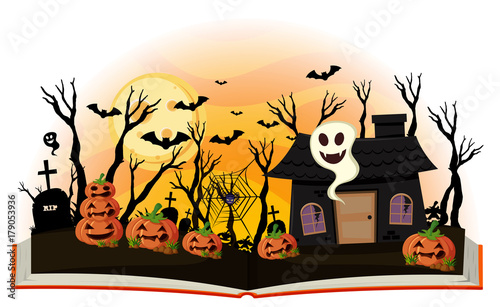 Halloween book with jack-o-lantern and haunted house