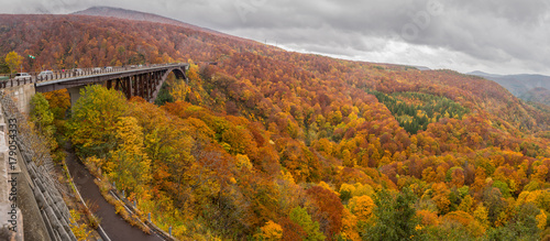 Panoramic view of Jogakura bridge, mountain and valley with beautiful autumn colour season, Aomori, Japan.