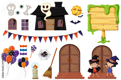 Halloween elements with haunted house and kids