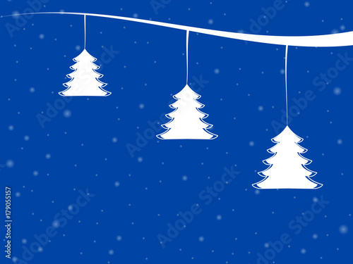 white christmas trees with snowflakes in a winter scene illustration for greeting card or party invitation. Christmas trees hanging on a white ribbon against blue background
