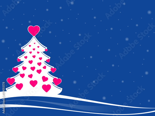 abstract christmas tree with pink hearts decorations. white xmas tree against a blue background and white snowflakes