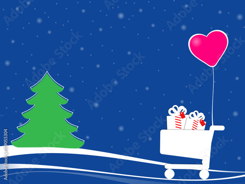 a shopping cart for xmas with gift boxes and pink heart balloon. An abstract xmas scene in a fanciful landcape with green christmas tree, blue background and white snowflakes