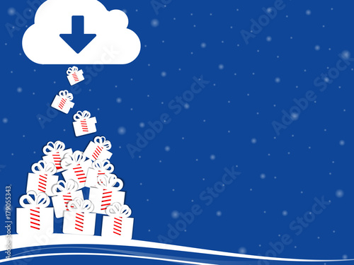 Christmas tree made with gift boxes from a dawnload cloud. Abstract xmas scene illustration for shop, ecommerce and business christmas
