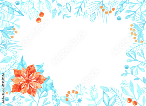 Christmas card with red flower and blue frame from twigs and leaves