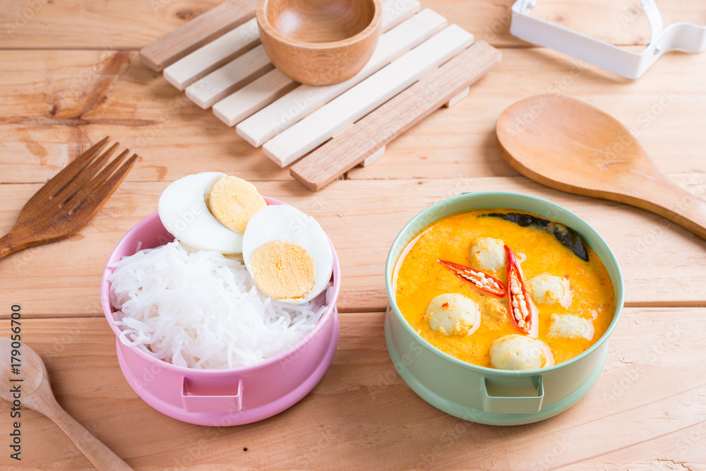 Coconut milk Curry fish and fish ball with thai rice noodle Coconut milk Curry fish and fish ball with thai rice noodle
