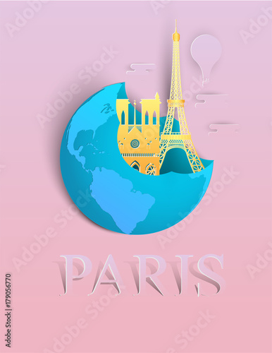 Paper art travel infographic.Paris infographic; welcome to France.Landmarks in global concept, pastel color with paper art style.