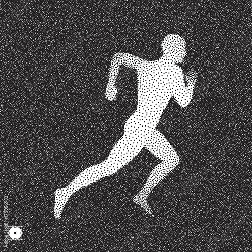 Running man. 3D model of man. Black and white grainy design. Stippling effect. Vector illustration.