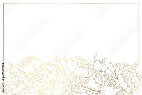 Peony rose flowers decorated border frame. Floral foliage garland bottom of horizontal landscape layout. Golden shining gradient light reflection on white background. Vector design template.