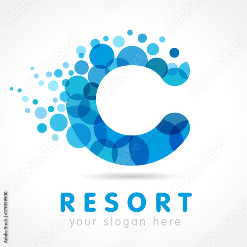 Letter C logotype. Isolated abstract emblem. Stained glass colored graphic template. Clouds, drops and bubbles bunch. Corporate healthcare branding identity. Vector mosaic trendy logo.