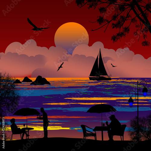 People silhouette on the beach and ship at the sea