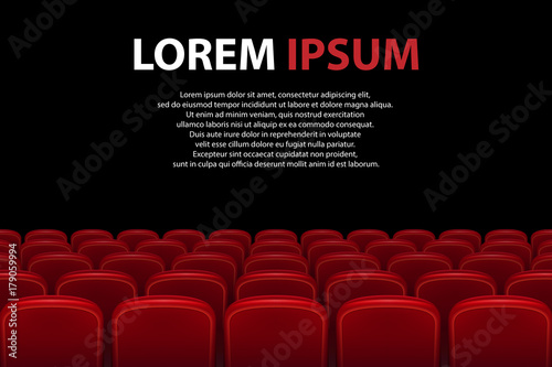 Empty movie theater auditorium with red seats. Rows of red cinema seats with black screen with sample text background. Vector illustration.