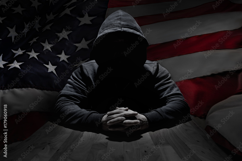 Concept hacker at work with usa flag on background Stock Photo | Adobe Stock