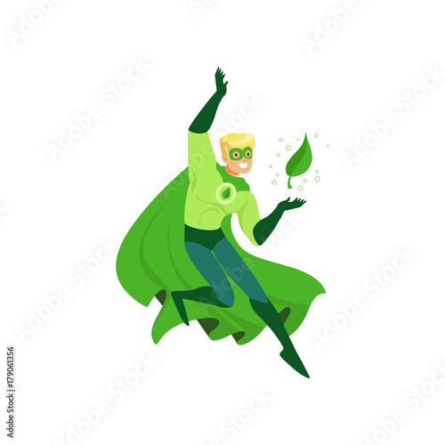 Cartoon character of eco superhero with powers in action