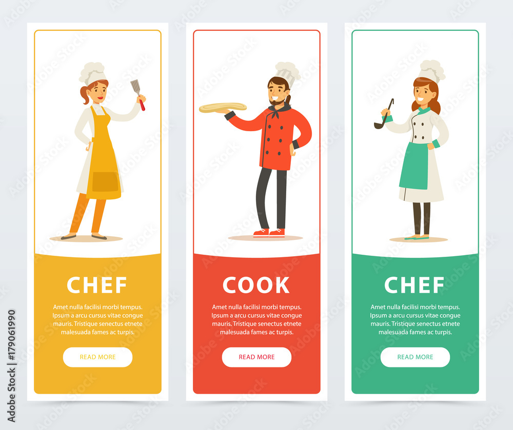 Set of vertical banners with restaurant workers Set of vertical banners with restaurant workers
