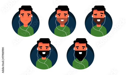 Guy with Beard Listening to Music on Earphones Character Design