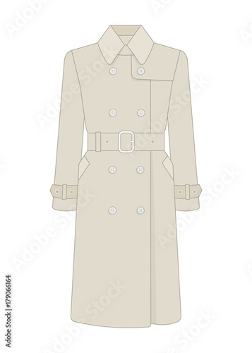 Women's trench coat with a belt. Trendy model of women's wardrobe. Vector illustration