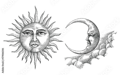 Vintage moon and sun hand drawing vintage style