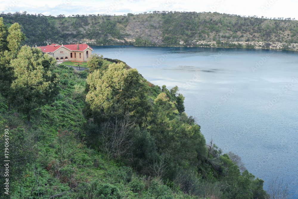 MOUNT GAMBIER, AUSTRALIA - June 28, 2016: The pumping station overlooking the banks of the Blue Lake was built in 1884 and extended in 1909