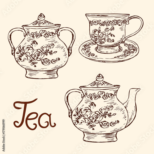 Classical porcelain set: sugar bowl, cup and saucer, teapot with roses and leaves ornament, hand drawn doodle, simple sketch in pop art style, vector black and white illustration