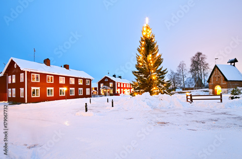 Christmas tree decorated in Church Village of Gammelstad, Lulea; Sweden. photo