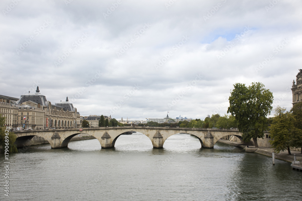 View landscape and cityscape of Paris city with river cruises sailing in Seine river