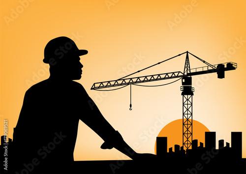 The architect silhouette wear a helmet at construction site with crane background and sunset, vector