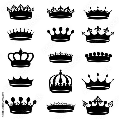 Collection of vector vintage antique crown, simple black and white icons