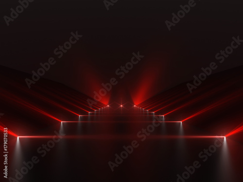 Futuristic dark red podium with light and reflection background