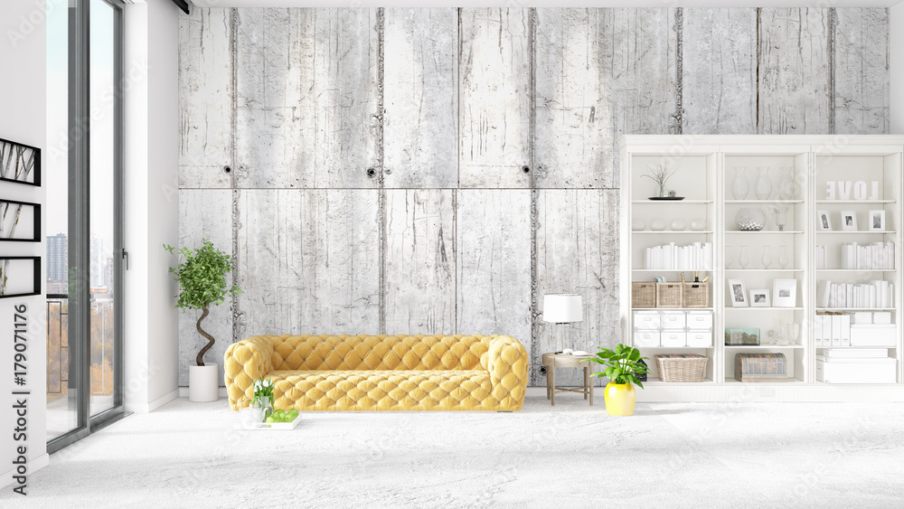Scene with brand new interior in vogue with white rack and yellow couch. 3D rendering. Horizontal arrangement. Scene with brand new interior in vogue with white rack and yellow couch. 3D rendering. Horizontal arrangement.