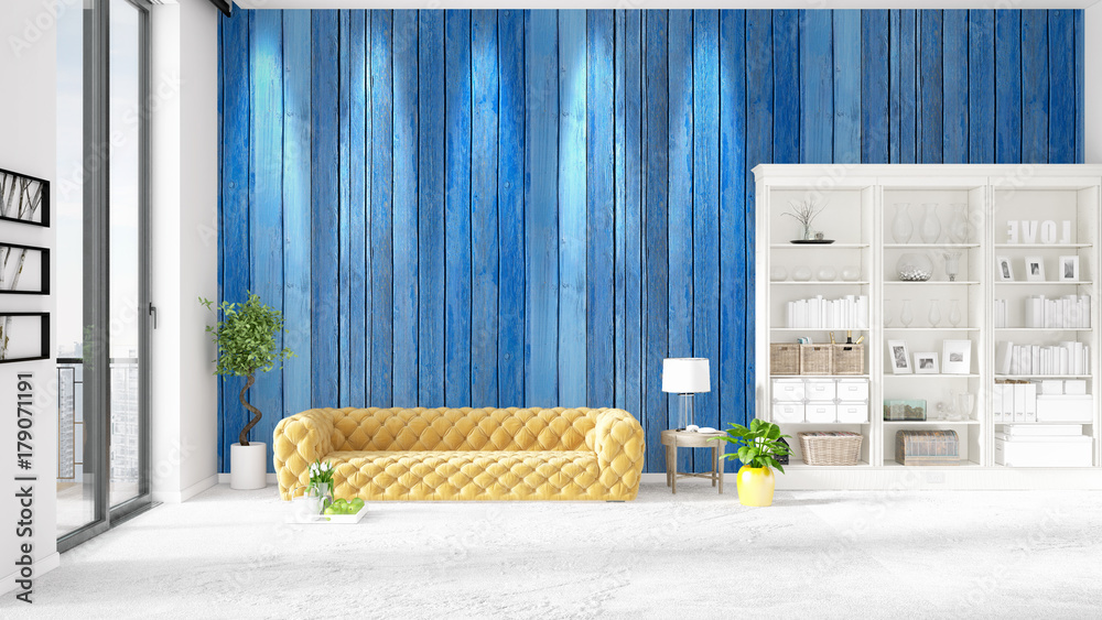 Scene with brand new interior in vogue with white rack and yellow couch. 3D rendering. Horizontal arrangement. Scene with brand new interior in vogue with white rack and yellow couch. 3D rendering. Horizontal arrangement.