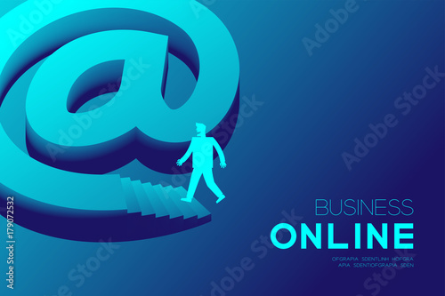 Business online marketing horizontal set, Businessman with At symbol stair concept idea illustration isolated on blue gradient background, and Business online text with copy space